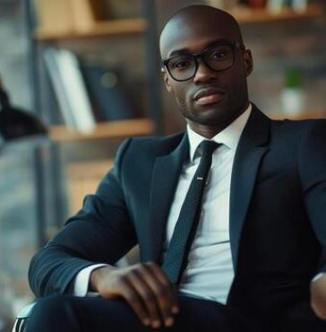 a-confident-bald-black-businessman-wearing-a-suit-and-tie-seated-in-a-modern-office-with-a-laptop-and-a-lamp-in-the-background-photo